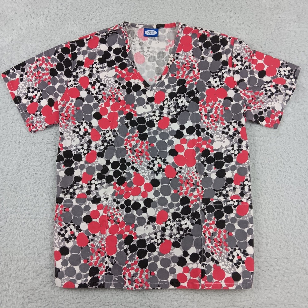 Factory Uniforms Scrub Top Womens Small Red Grey Abstract‎ Bubble V-Neck Pockets